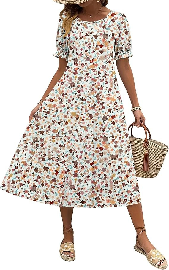 Zeagoo Womens Summer Dress Casual Midi Dresses 2026 Short Puff Sleeve Flare Dress Pleated Flowy S... | Amazon (US)