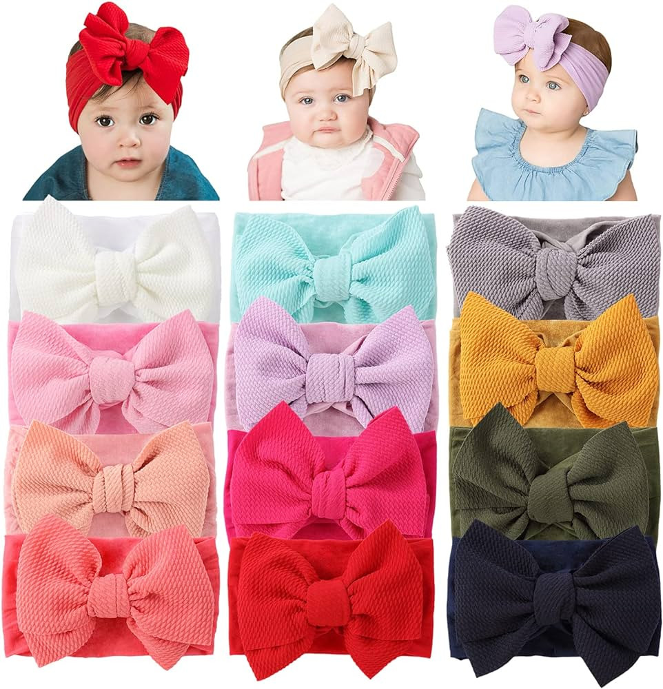 Cinaci 12 Pack Oversized Colorful Solid Stretchy Nylon Headbands with Big Bow Large Knot Hair Bow... | Amazon (US)