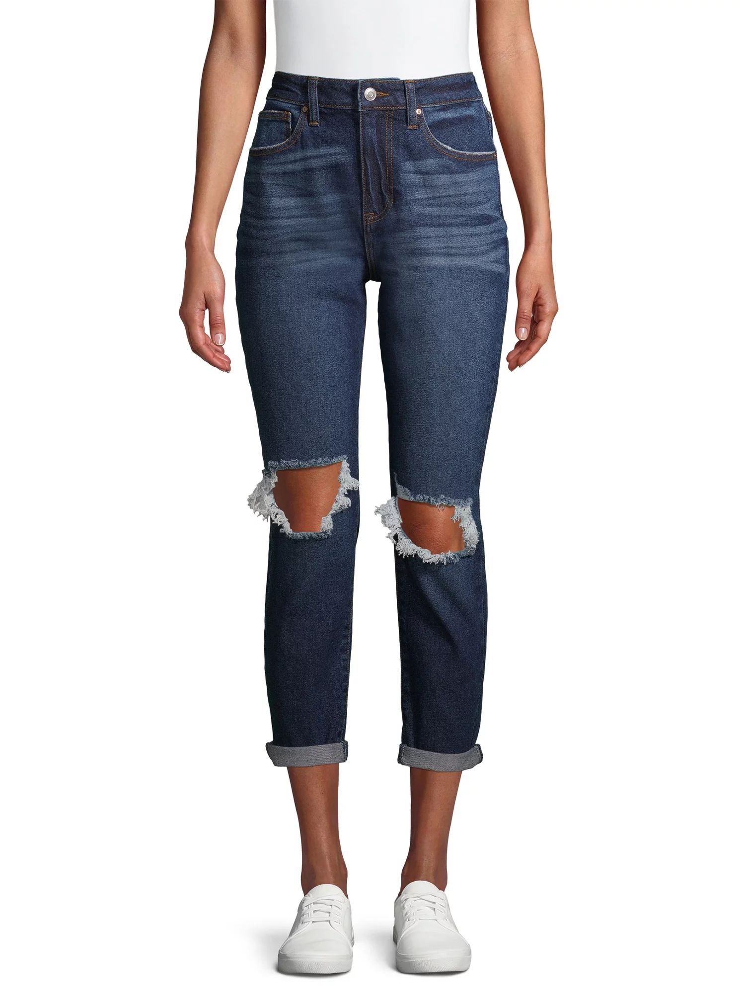 No Boundaries Juniors' Super High Rise Destructed Mom Jeans | Walmart (US)