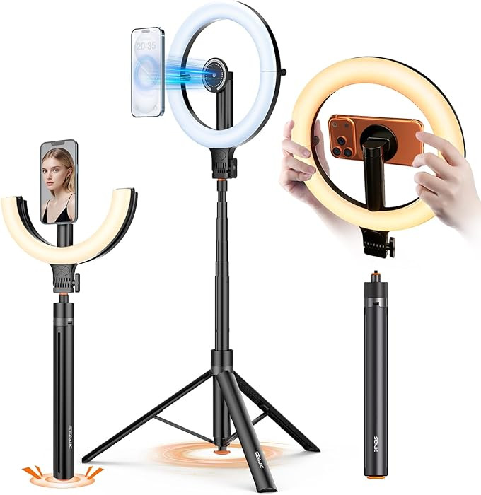 10.2" Magnetic Selfie Ring Light with 64" Adjustable Tripod Stand for iPhone Mag Safe, 5000mAh Re... | Amazon (US)