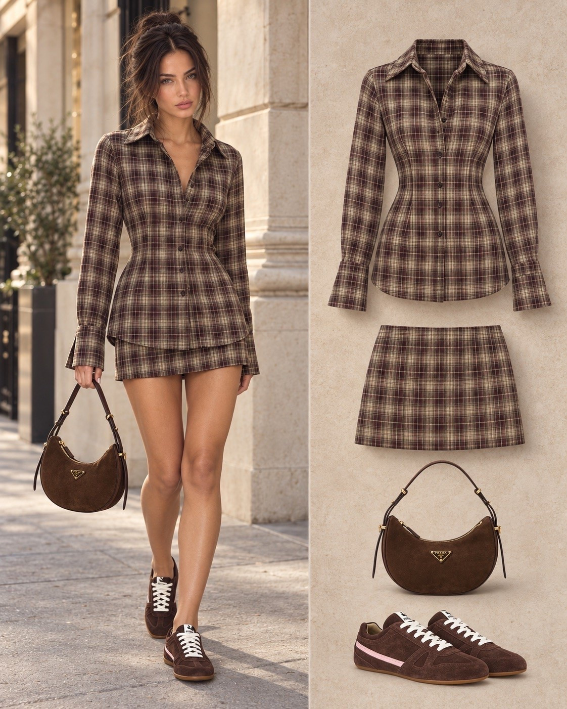 Brown plaid matching skirt and blouse set