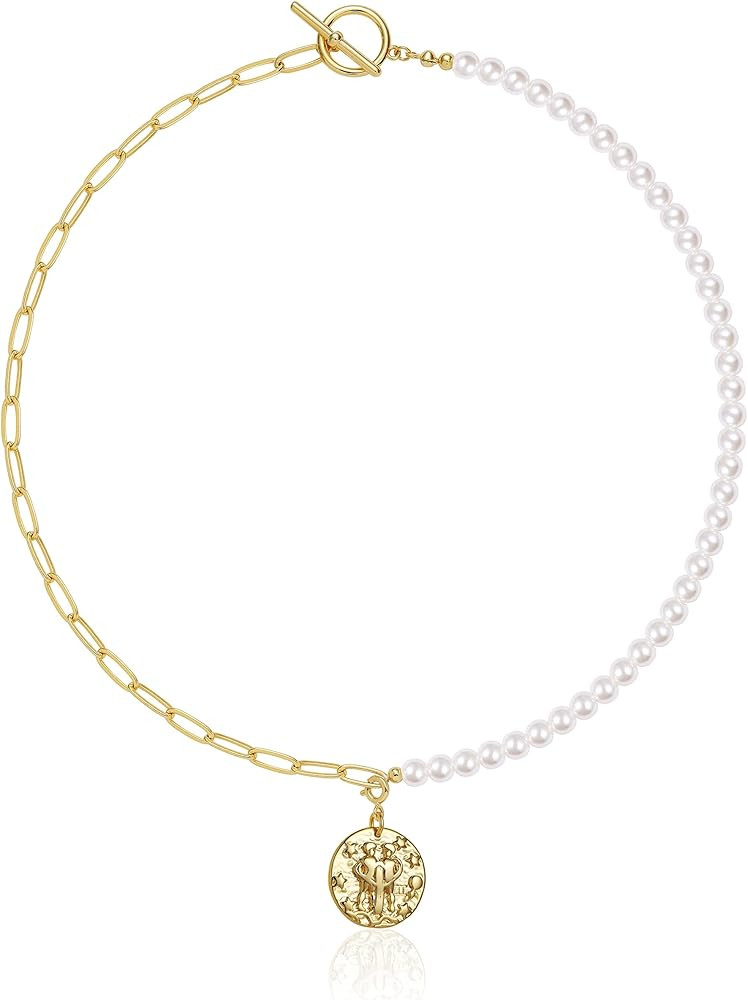 Pearl Necklace for Women 14K Gold Plated Zodiac Necklace Pearl Paperclip Chain Choker Toggle Clas... | Amazon (US)
