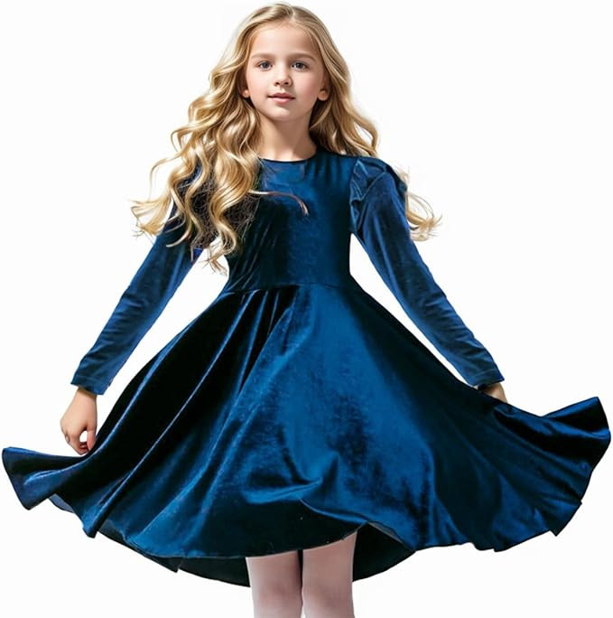 Girls Velvet Dress Ruffled Long Sleeve Casual Spring Fall Dress Princess Christmas Party Dress Wi... | Amazon (US)