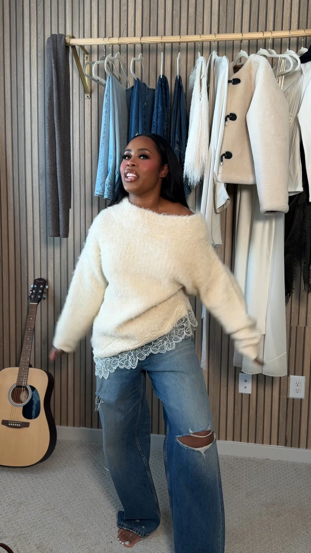 Cozy, feminine, and effortlessly elevated — this outfit is the perfect blend of comfort and polish. I’m wearing the Zara Combination Lace Knit Jumper, a boat-neck brushed knit with the softest fluffy texture and the most beautiful lace detail along the asymmetric hem. The lace peeks out just enough to add a romantic, lingerie-inspired touch without feeling dressy or overdone.

This knit is made with a brushed blend of polyester, polyamide, recycled fibers, and a touch of wool, giving it that airy, cloud-like feel while still providing structure. It drapes beautifully off one shoulder for that relaxed “winter chic” moment, but you can also wear it centered for a classic boat-neck silhouette. The lace hem is what makes it a standout — it turns a casual sweater into a statement piece.

I paired it with wide-leg, medium-wash denim with a subtle knee rip, which gives the outfit balance: soft and romantic up top, slightly edgy and structured on the bottom. These jeans are a wardrobe essential on their own — comfortable, flattering, and easy to dress up or down. Wear them with sneakers and a tee for everyday errands, heels and a bodysuit for a night out, or with chunky knits like this one for cozy winter style.

What I love most is the versatility of each piece:
✨ The sweater alone can go from casual to dressy — wear it with leggings, mini skirts, denim, or even layered over slip dresses. The lace hem makes it special enough for holiday gatherings, date nights, or elevated everyday wear.
✨ The jeans alone are that perfect “throw-on-and-go” denim. The relaxed leg makes them ideal for boots, sneakers, flats, or heels, and the wash works year-round.

Together, they create a look that feels soft, elevated, and feminine while still being relaxed and wearable. This outfit is a must-have if you love effortless style with a touch of detail — the kind of look you can wear at home, to lunch, to a casual event, or even for content days because it photographs beautifully.

#LTKootd #LTKgrwm #LTKHoliday