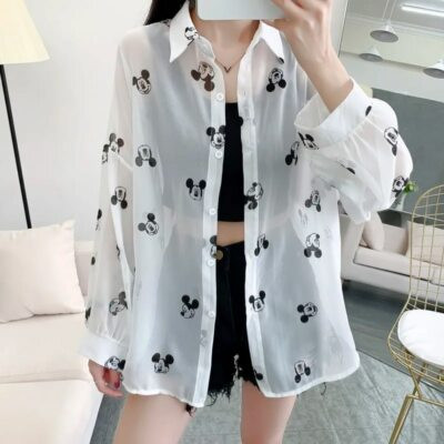 Women's Mickey Mouse Print Long Sleeve Tops Loose Fit White Blouse Casual Shirt.  | eBay | eBay UK