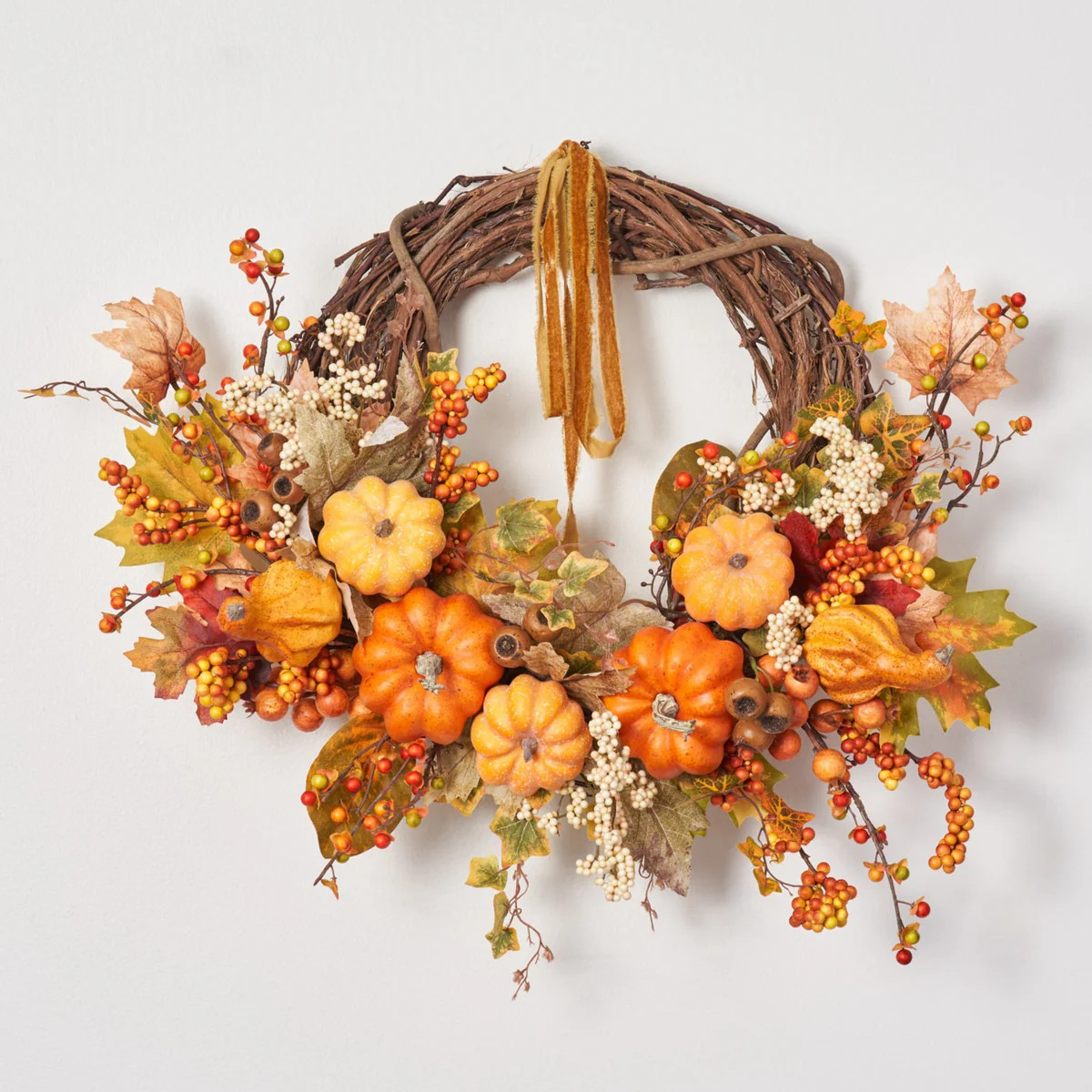 Fall Festival - Mixed Pumpkin, Gourds & Berries with Autumn Leaves Front Door Mantle Wreath | Darby Creek Trading