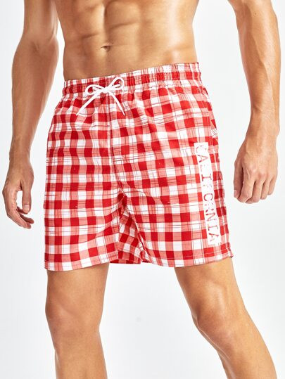 Men Plaid & Letter Graphic Drawstring Waist Swim Trunks | SHEIN