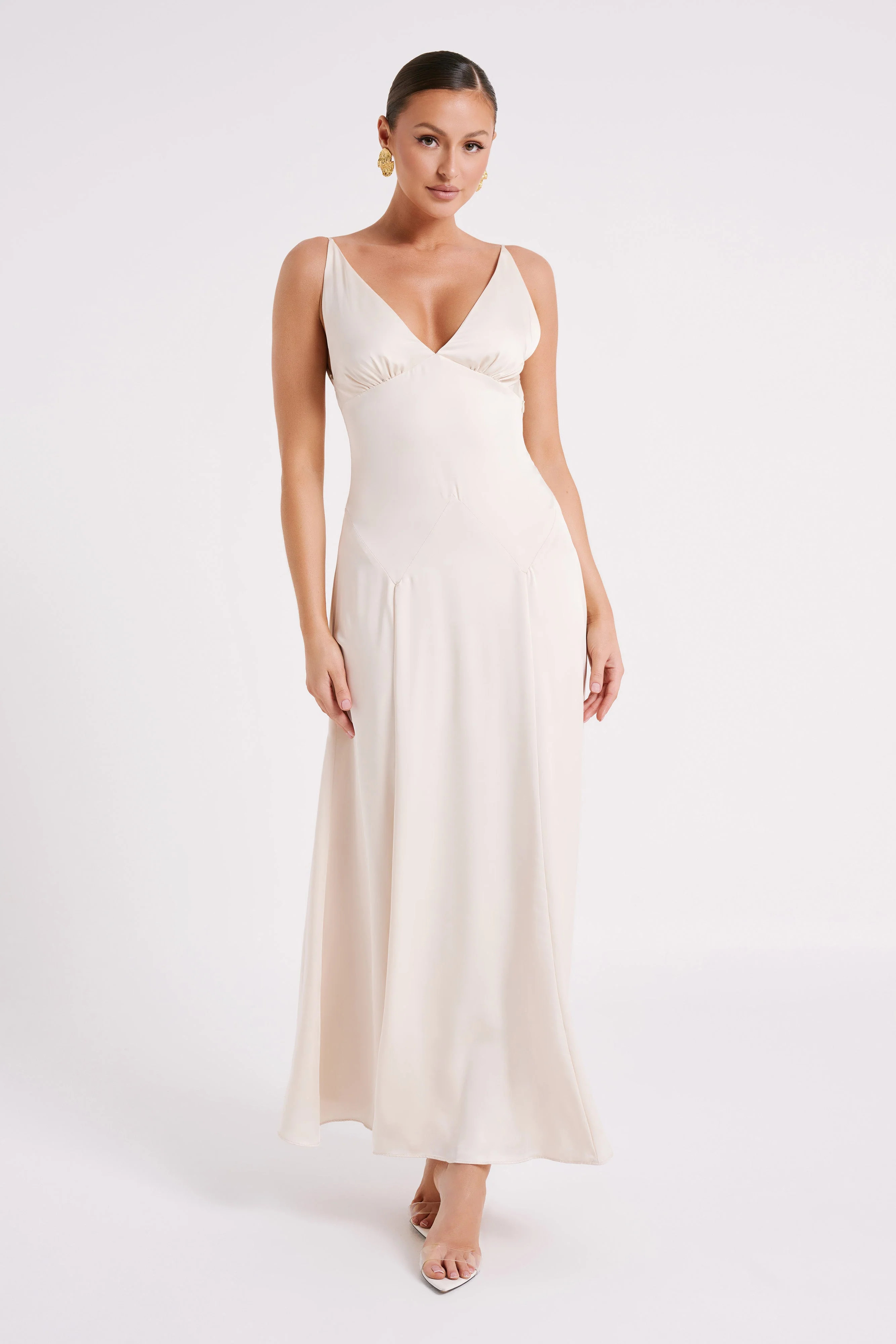Kamala Low Back Satin Maxi Dress - Sand | MESHKI US