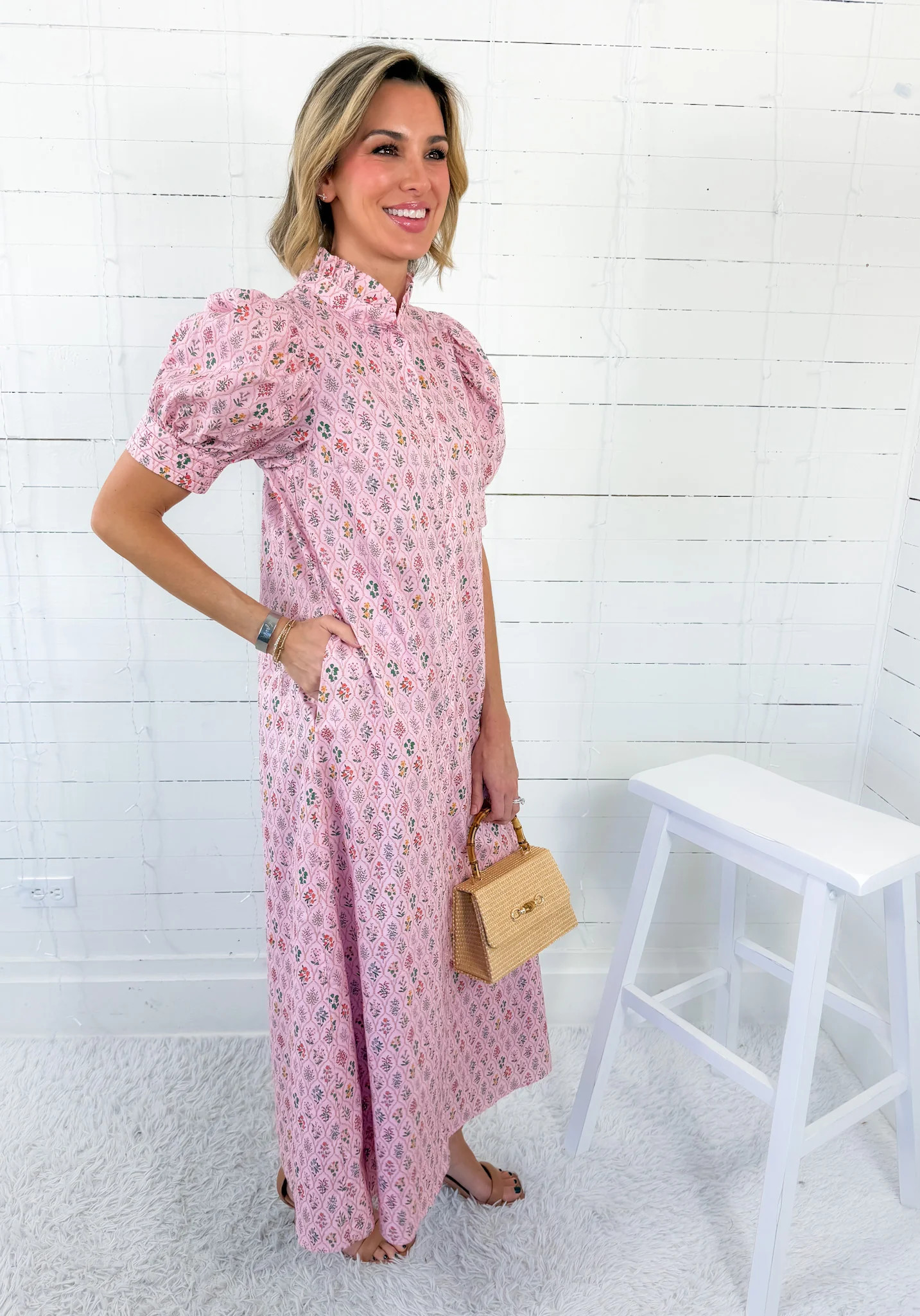 Hilda Blush Pink Ruffle Neck Button Maxi Dress FATE | Clover and Bee | Clover + Bee