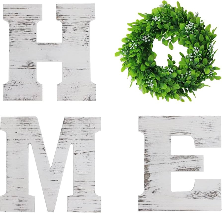 Wooden Home Sign with Wreath, 9.8"Rustic Wood Home Letters H, M, E, Wall Hanging Decor with Artif... | Amazon (US)