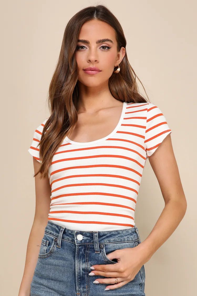 Easygoing Charm Ivory and Orange Striped Ribbed Scoop Neck Top | Lulus