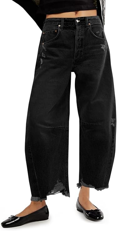 Cicy Bell Women's Baggy Wide Leg Jeans Barrel Horseshoe Boyfriend Cropped Raw Hem Denim Pants | Amazon (US)