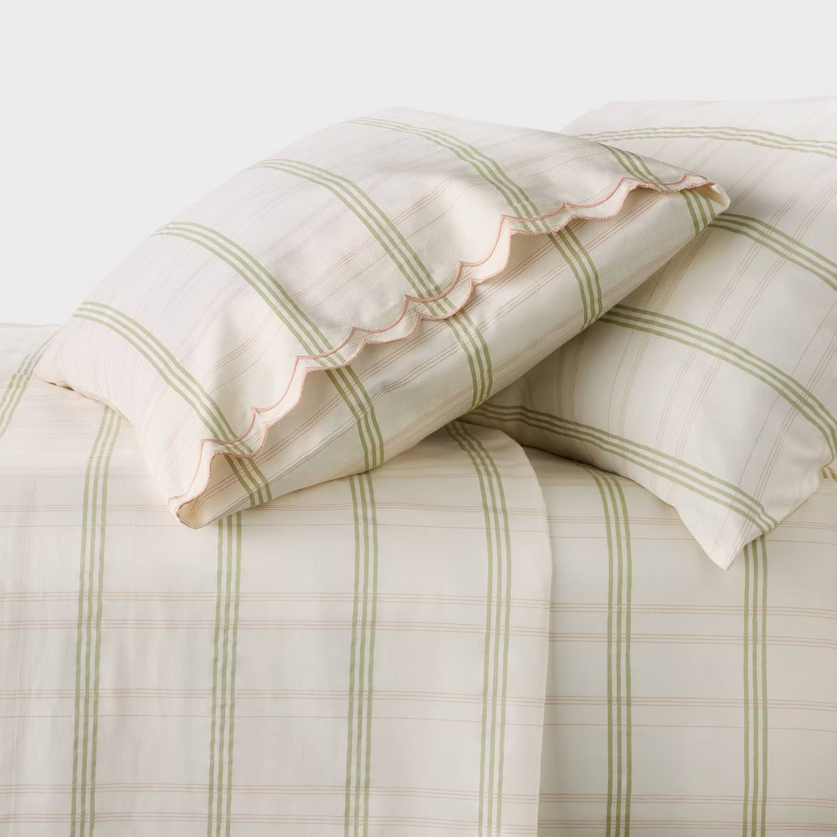 Twin XL 300 Thread Count Scalloped Edge Plaid Sheet Set Cream/Green - Threshold™ designed with ... | Target