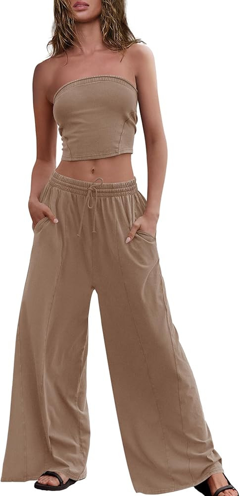 Panadila Womens Summer Lounge Sets 2 Piece Outfits Tube Top and Wide Leg Pants Matching Set Beach... | Amazon (US)