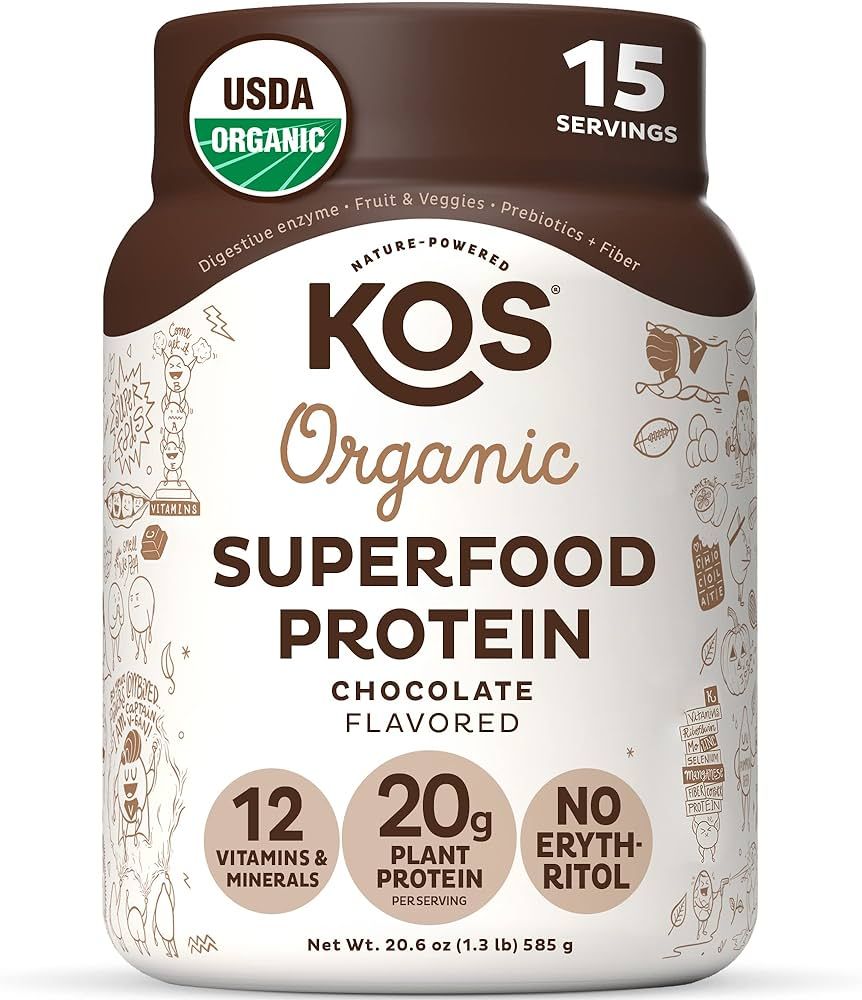 KOS Plant Based Protein Powder, Chocolate USDA Organic - Low Carb Pea Protein Blend, Vegan Superf... | Amazon (US)
