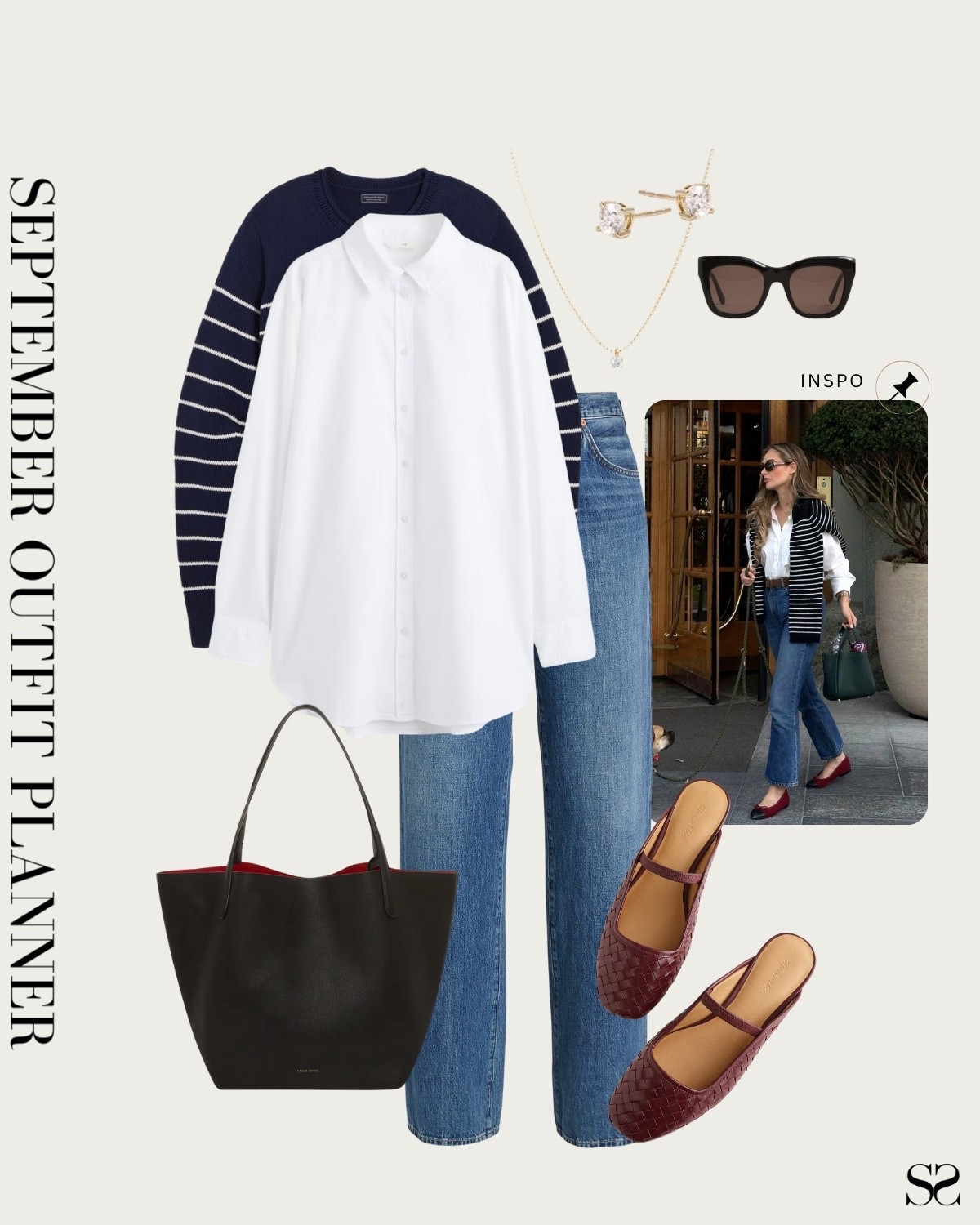 Monthly outfit planner SEPTEMBER: Summer to Fall outfits | striped sweater, white button up, straight jeans, woven mule flats, leather tote

#summertofall #transitionalstyle #falloutfit #classicstyle #outfitformula 

Inspo image credit: Pinterest

#LTKStyleTip