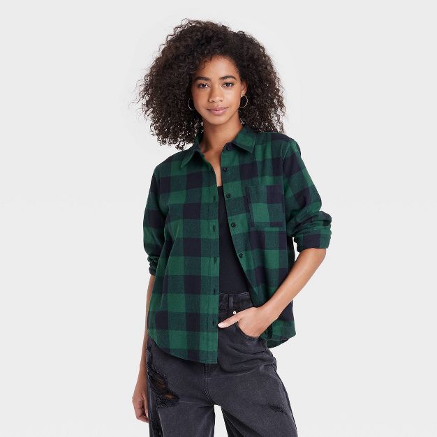 Women's Betty Boop Long Sleeve Checkered Graphic Button-Down Shirt Flannel - Green | Target