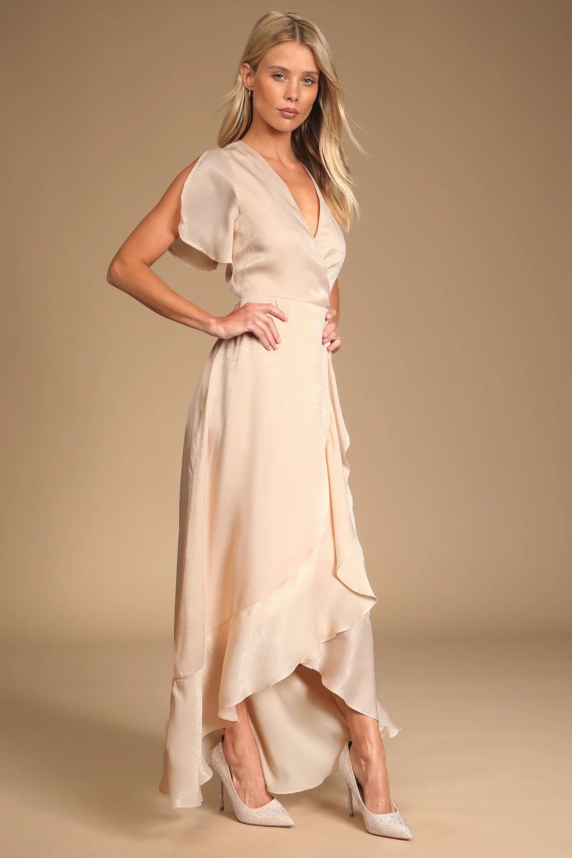 Forever Elegant Light Peach Satin Ruffled Maxi Dress | Lulus (US)