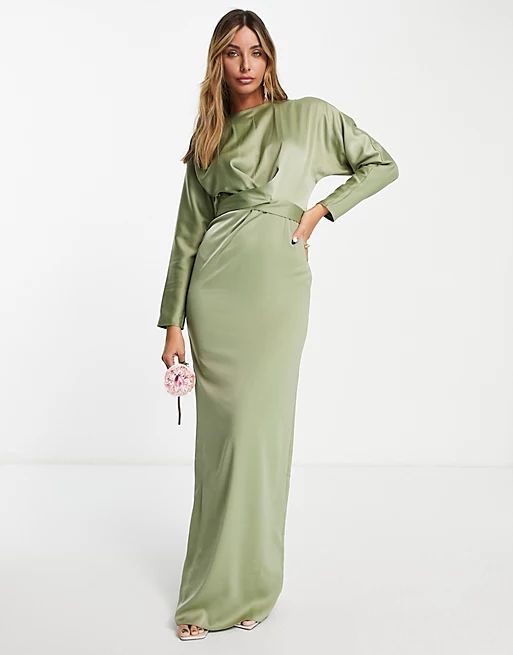 ASOS DESIGN Bridesmaid maxi dress with batwing sleeve and wrap waist in satin in olive | ASOS (Global)