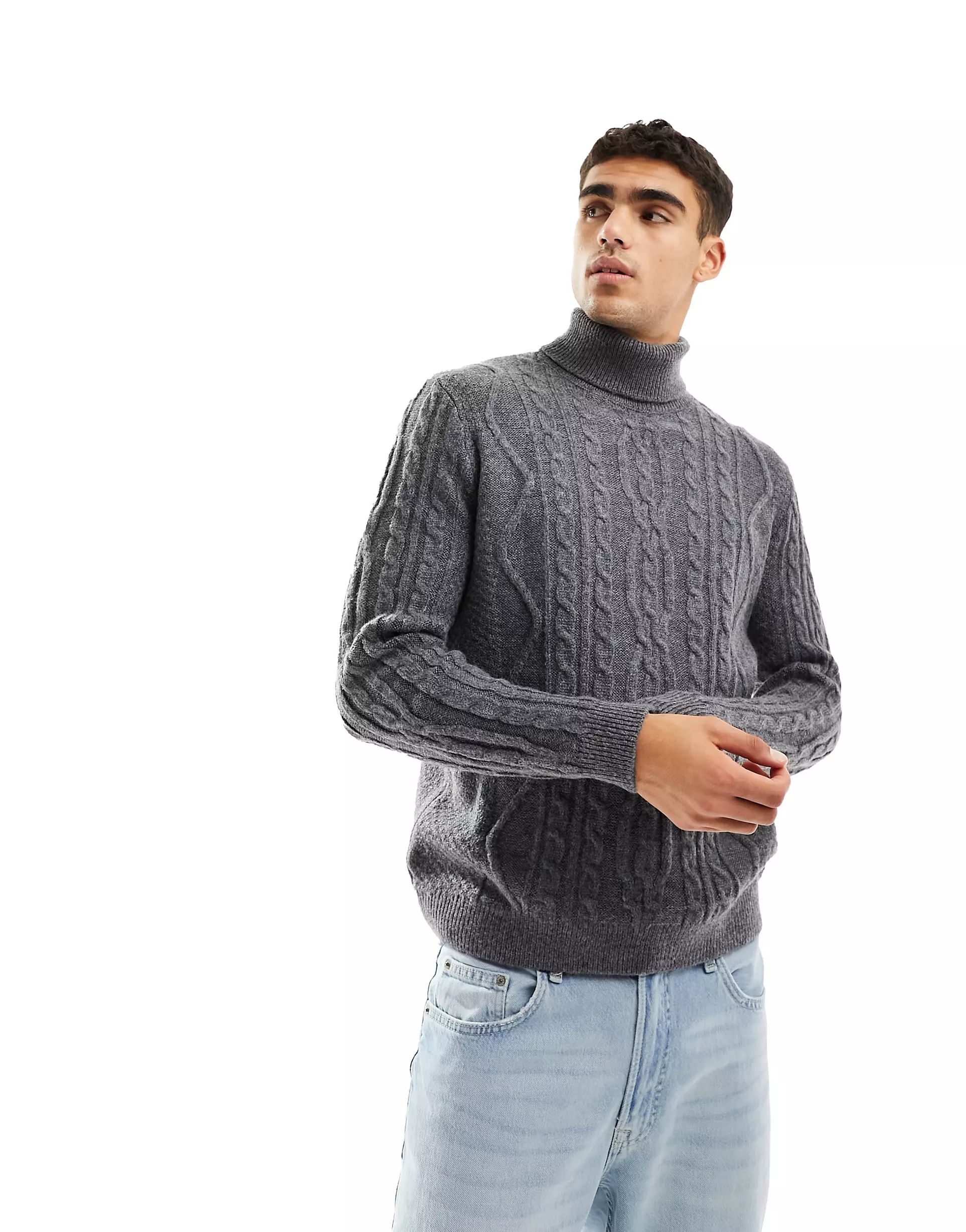 ASOS DESIGN heavyweight knitted cable roll neck jumper in charcoal | ASOS (Global)