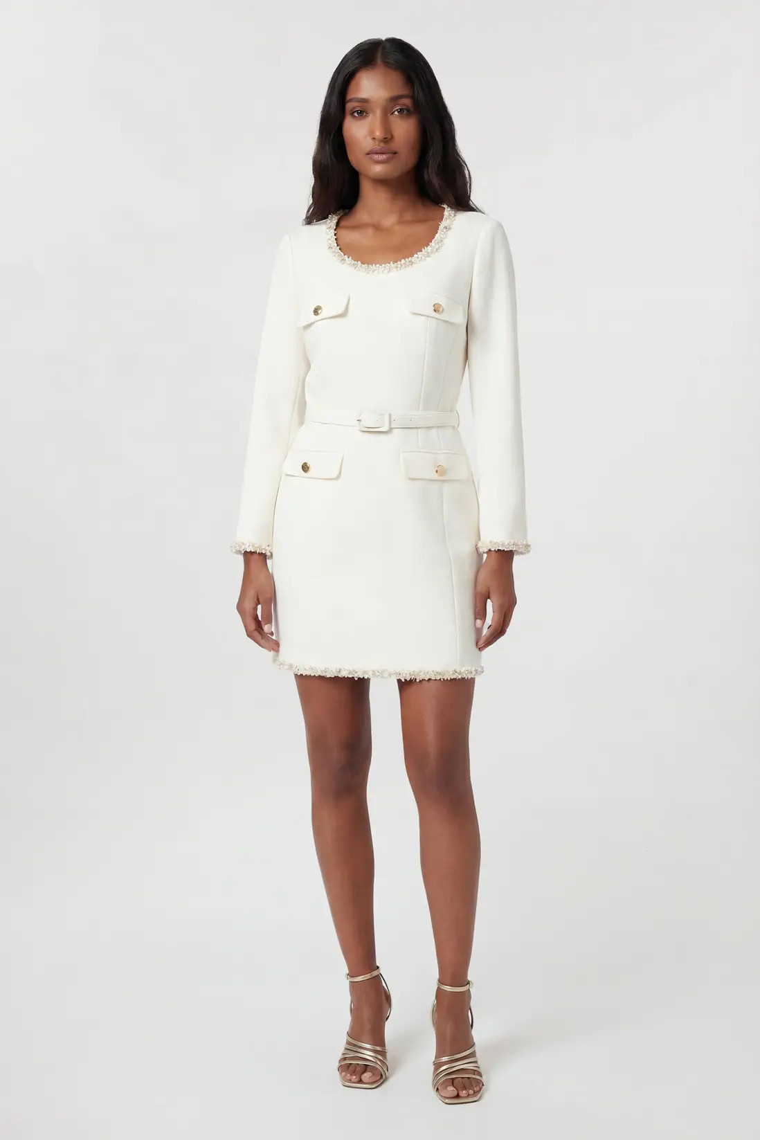 Compact Stretch Embellished Trim Tailored Belted Mini Dress | Karen Millen