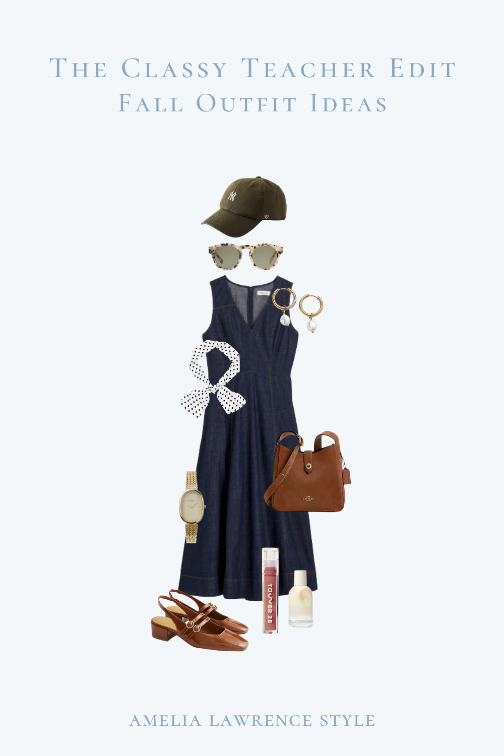 The classy teacher edit fall outfit edition. Denim dress, fall outfit, teacher outfit, wedding outfit, polka dots, perfume, heels, coach bag.  

 #LTKxMadewell #LTKSeasonal #LTKStyleTip
