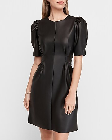 Puff Sleeve Vegan Leather Sheath Dress | Express