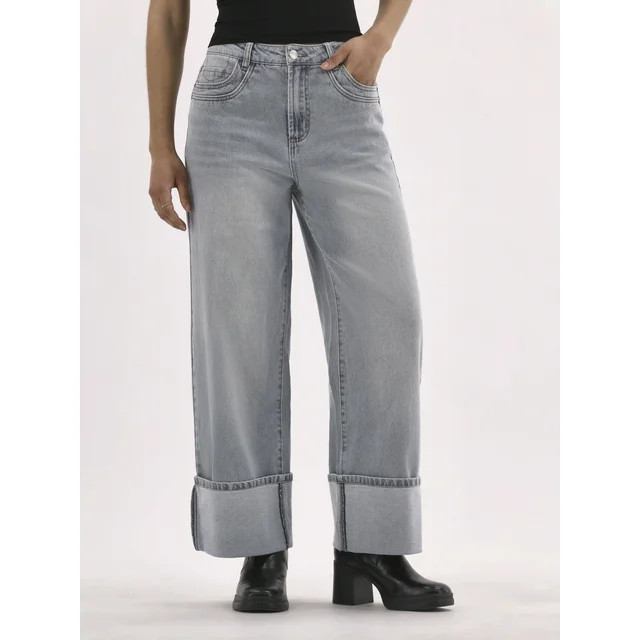 No Boundaries Slouchy High Cuff Jeans, 28'' inseam, Women's | Walmart (US)