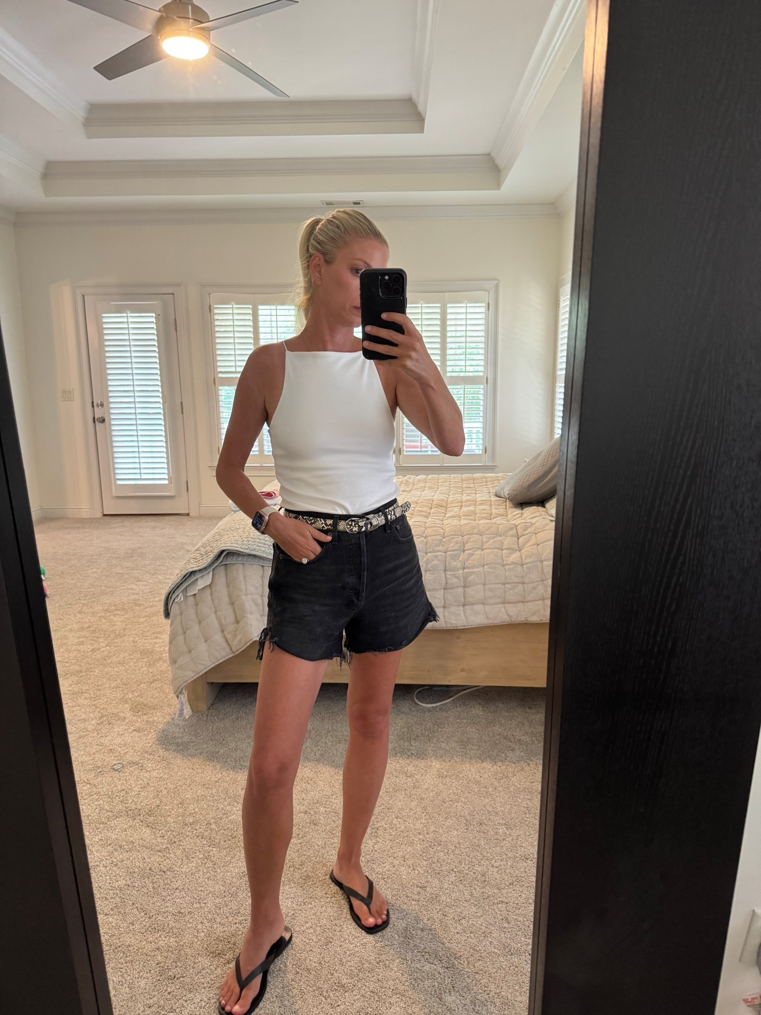 Black shorts , Denim shorts , snakeskin belt , thong sandals , flat sandals , white tank , summer outfit , easy outfit 

#LTKSeasonal #LTKOver40 #LTKSummerEdit