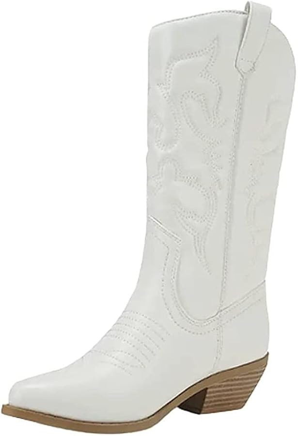 Soda RENO ~ Women Western Cowboy Stitched Pointe Toe Low Heel Ankle Mid Shaft Fashion Boots White... | Amazon (US)