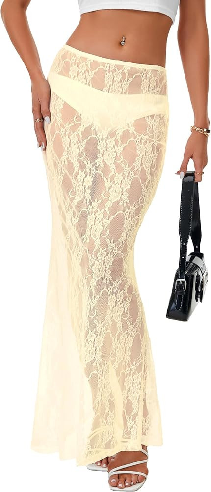 Rooscier Women's Lace Sheer Long Skirt High Waist A-line Summer Sexy Beach Maxi Skirts | Amazon (US)