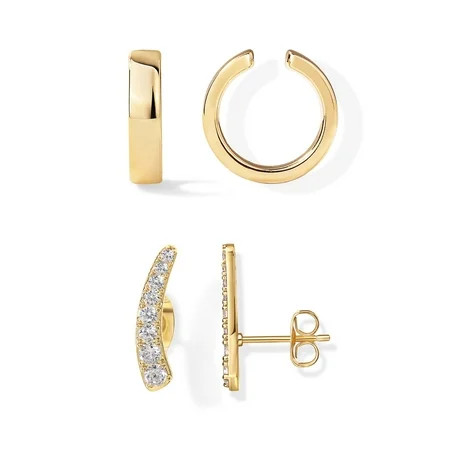 PAVOI 14K Yellow Gold Flash Plated Sterling Silver Post Cubic Zirconia Mini Ear Crawler & Round Huggie Ear Cuff Set | Walmart (US)