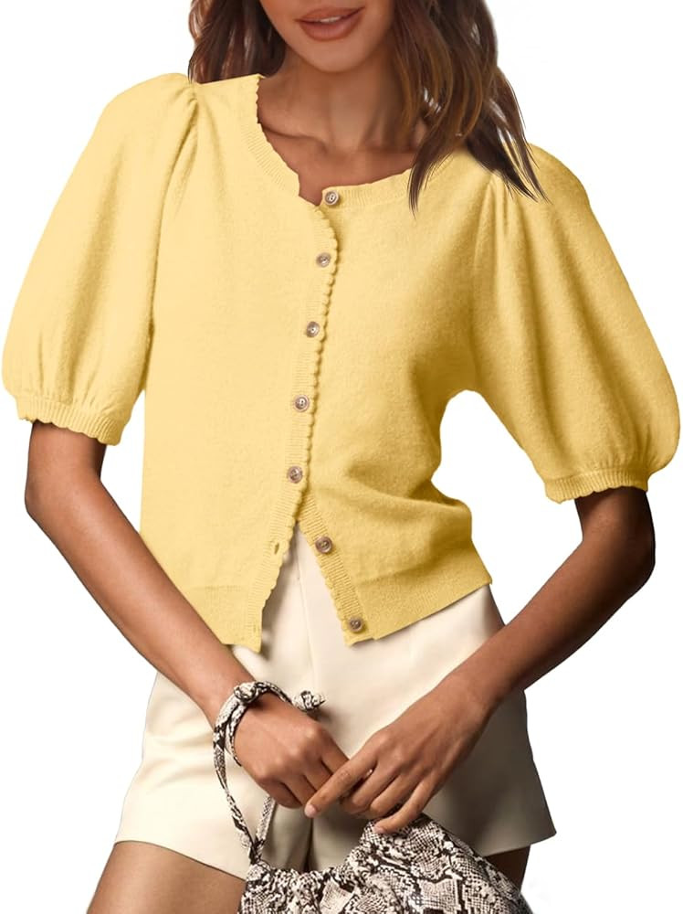 Saodimallsu Womens Puff Short Sleeve Cardigan Lightweight Summer Button Down Shirts Knit Crew Nec... | Amazon (US)