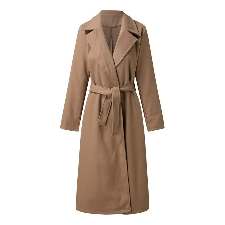 Women Notched Lapel Coats,Long Sleeve Belted Overcoat Winter Coat Wool Blend Mid Pea Trench Coat | Walmart (US)