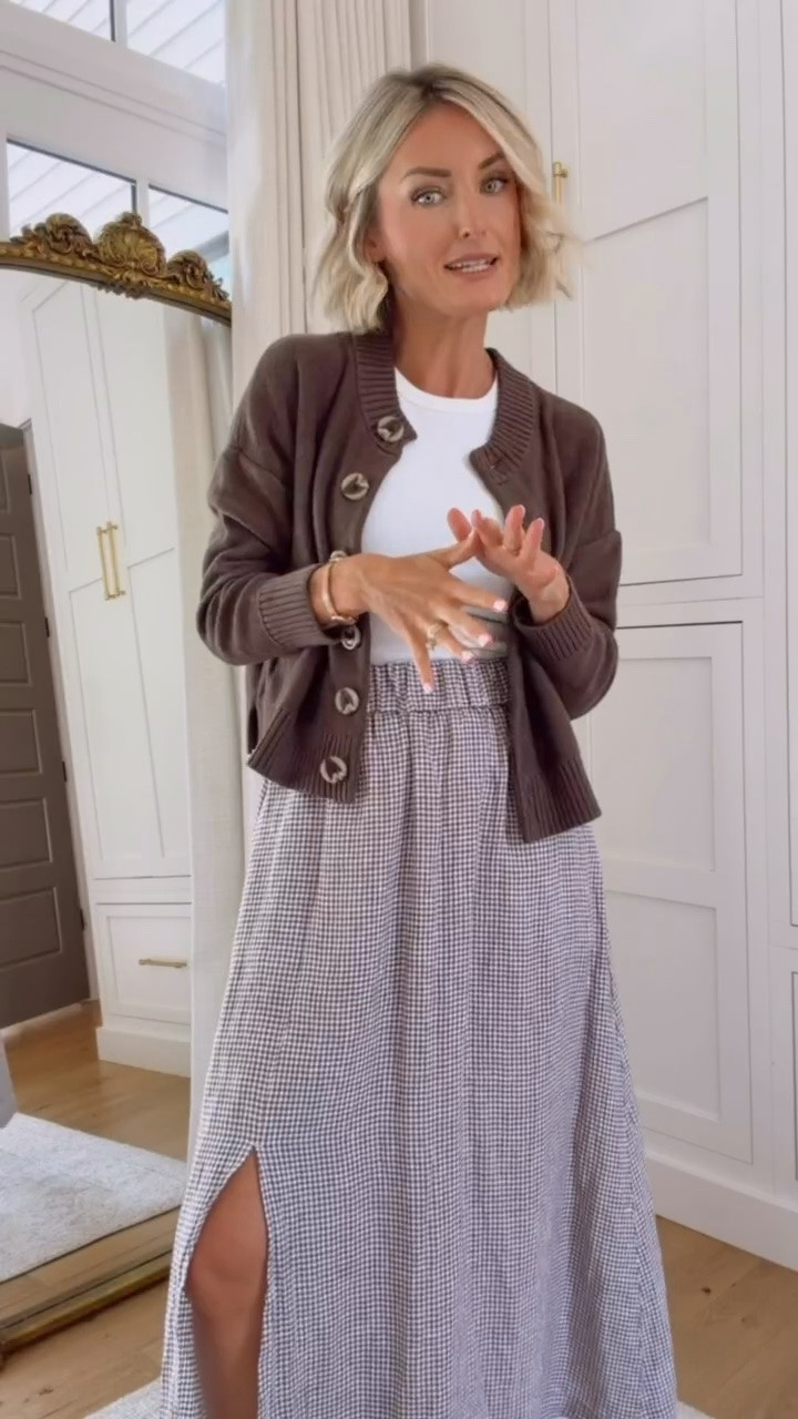 This is such a cute outfit for everyday or for workwear! This would be a perfect look for teachers! Wearing S! 

Loverly Grey, Quince, fall staples, fall outfit, early fall outfit, gold sandals, gingham skirt, fall workwear, teacher outfit, ribbed tank, brown cardigan

#LTKSeasonal #LTKWorkwear