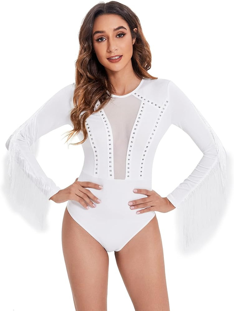SweatyRocks Women's Cold Shoulder Fringe Long Sleeve Sheer Mesh Jumpsuit Bodysuit | Amazon (US)