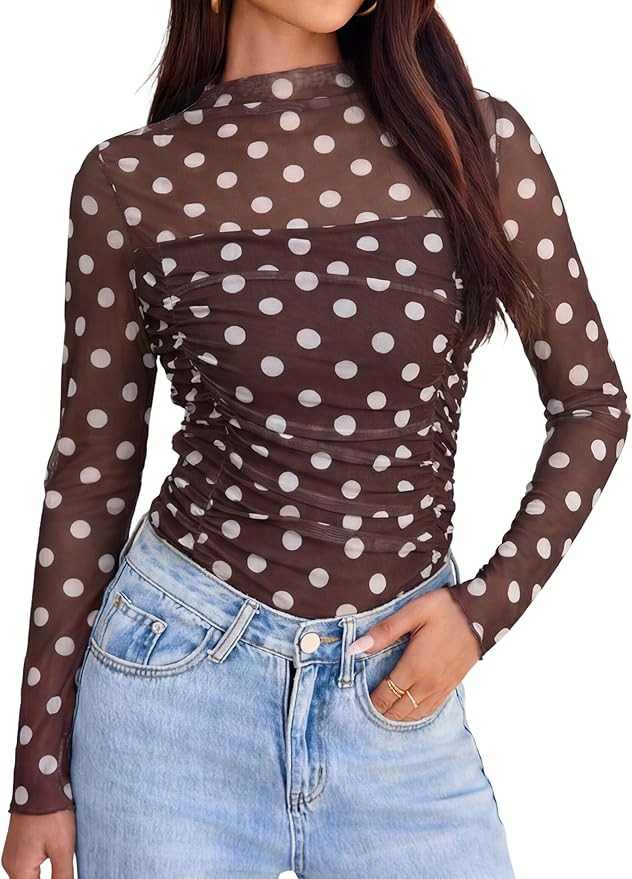 Glamaker Women's Lace Mesh Sexy Tops Long Sleeve Mock Neck Sheer Y2K Date Night Going Out Shirts ... | Amazon (US)