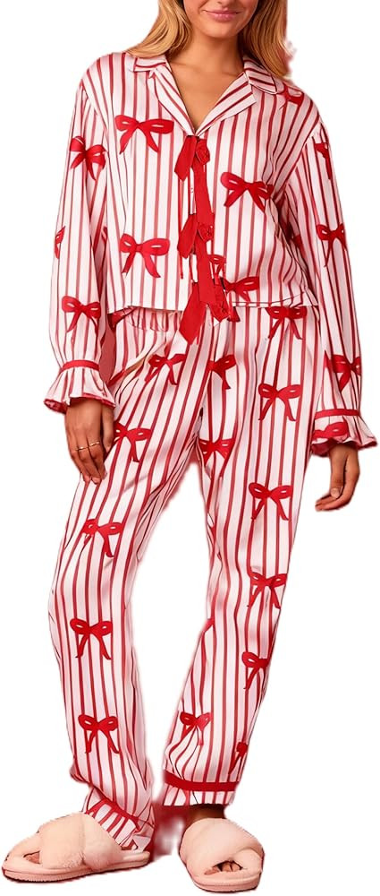 Women 2 Piece Buffalo Plaid Pajamas Lounge Set Y2k Long Sleeve Bow Tie Up Shirts Wide Leg Pants S... | Amazon (US)