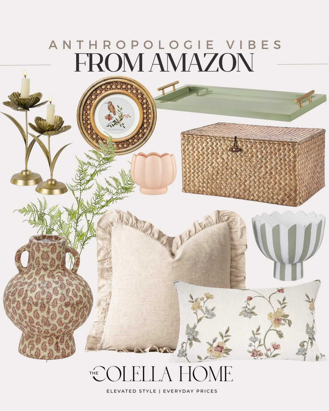 Designer vibes from Amazon include throw pillows, decorative vase, bowl, candle holder, greenery stems, basket, tray, small frame, and candle stick holders.

Home decor, Anthropologie, looks for less, designer looks for less

#LTKSeasonal #LTKHome #LTKvlog