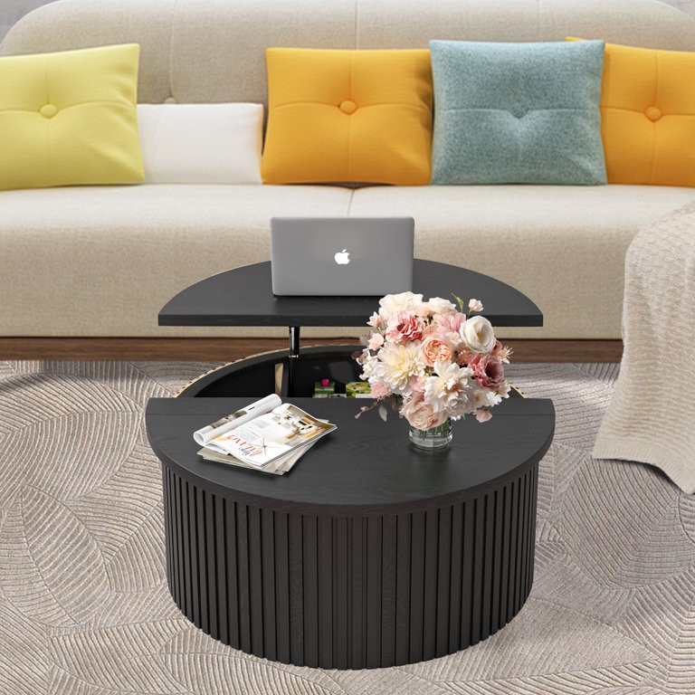 Oubayajia Round Coffee Table with Storage, Wood Lift Top Coffee Table, Waveform Panel, Black | Walmart (US)