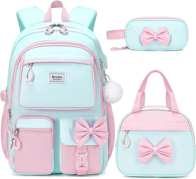 Bevalsa Backpack for Girls, Cute Bow School Bags with Lunch Bag & Pen Case | Bookbag for Girls Ch... | Amazon (US)