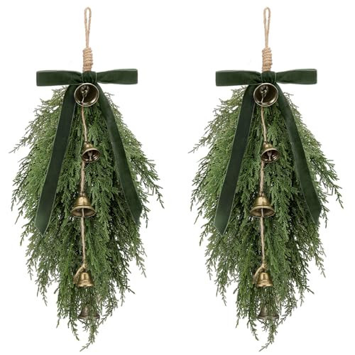 Shihanee 2 Pack Christmas Greenery Cedar Teardrop Swag with Velvet Ribbon Bow and Rustic Vintage Bells - Artificial Swag Wreath for Tree Outdoor Front Door Farmhouse Home Wall Mantle Decor(Green) | Amazon (US)