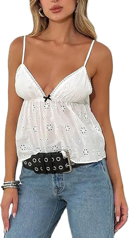Women Y2k Spaghetti Strap Camisole Crop Top Deep V Neeck Slim Fitted Vest Going Out Shirt Tank To... | Amazon (US)