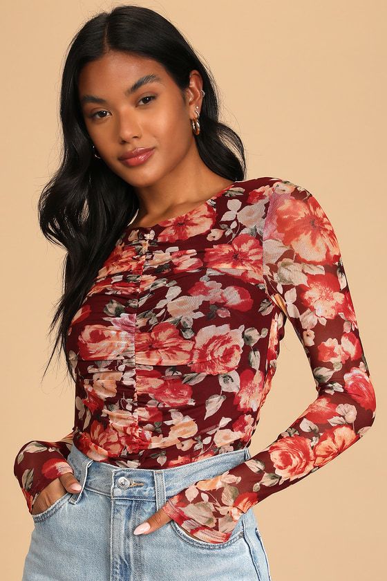 Beyond Blooms Burgundy Floral Print Ruched Long Sleeve Bodysuit | Lulus (US)