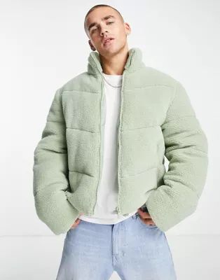 ASOS DESIGN teddy borg puffer jacket in sage green | ASOS (Global)