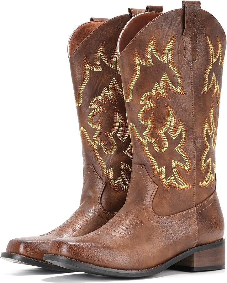 IUV Cowboy Boots For Women Square Toe Cowgirl Boots Mid Calf Western Boots Pull On Fashion Cowboy... | Amazon (US)