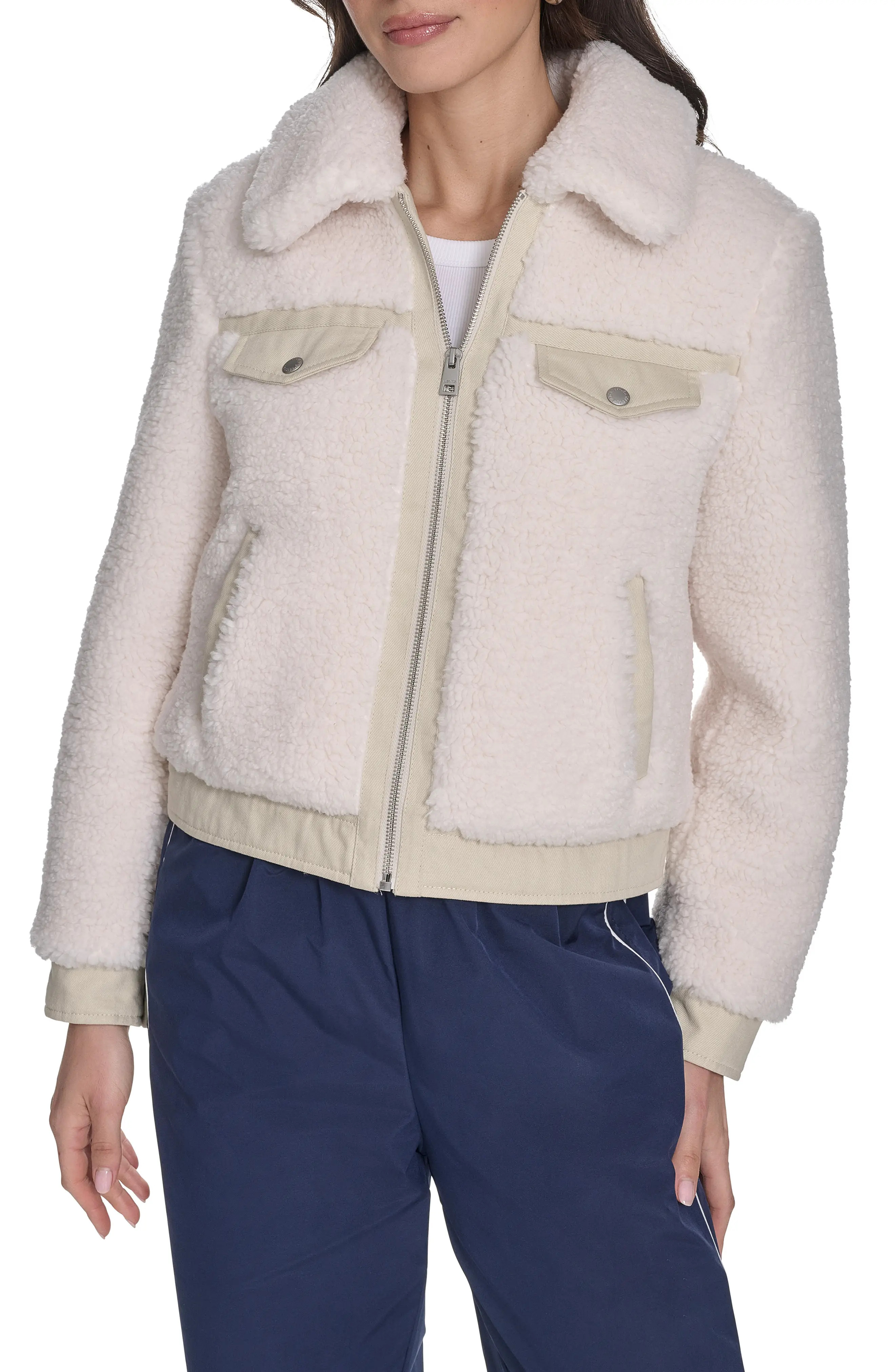 levi's Fleece & Denim Bomber Jacket in Cream at Nordstrom, Size Medium | Nordstrom