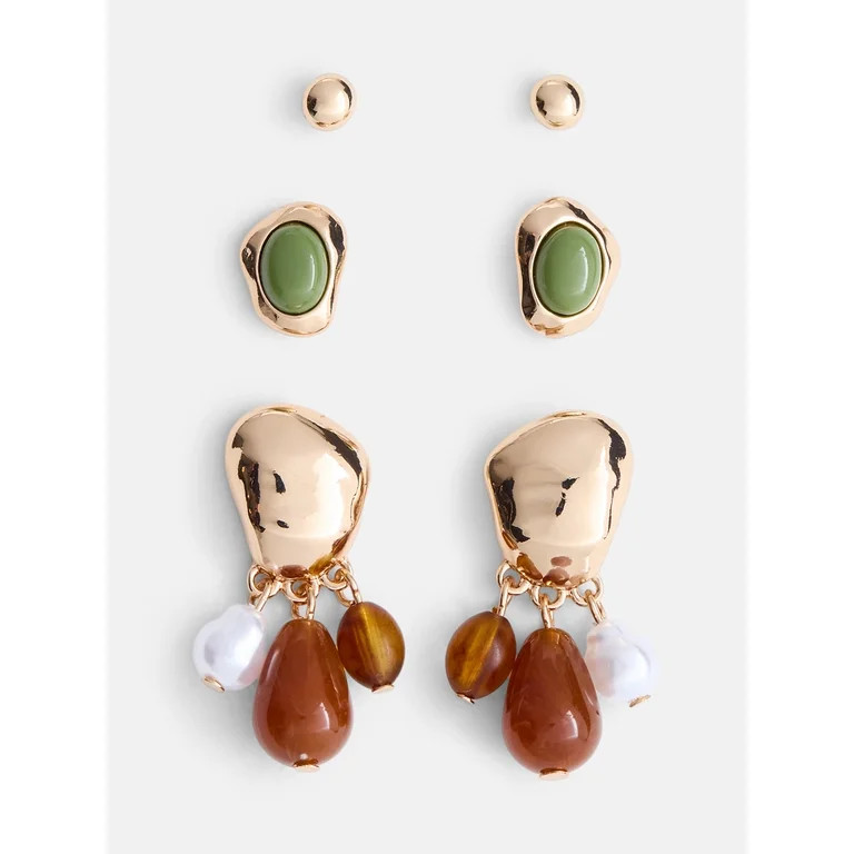 Scenario Women's Gold-Tone Stud and Drop Earrings Set, 3-Pair | Walmart (US)