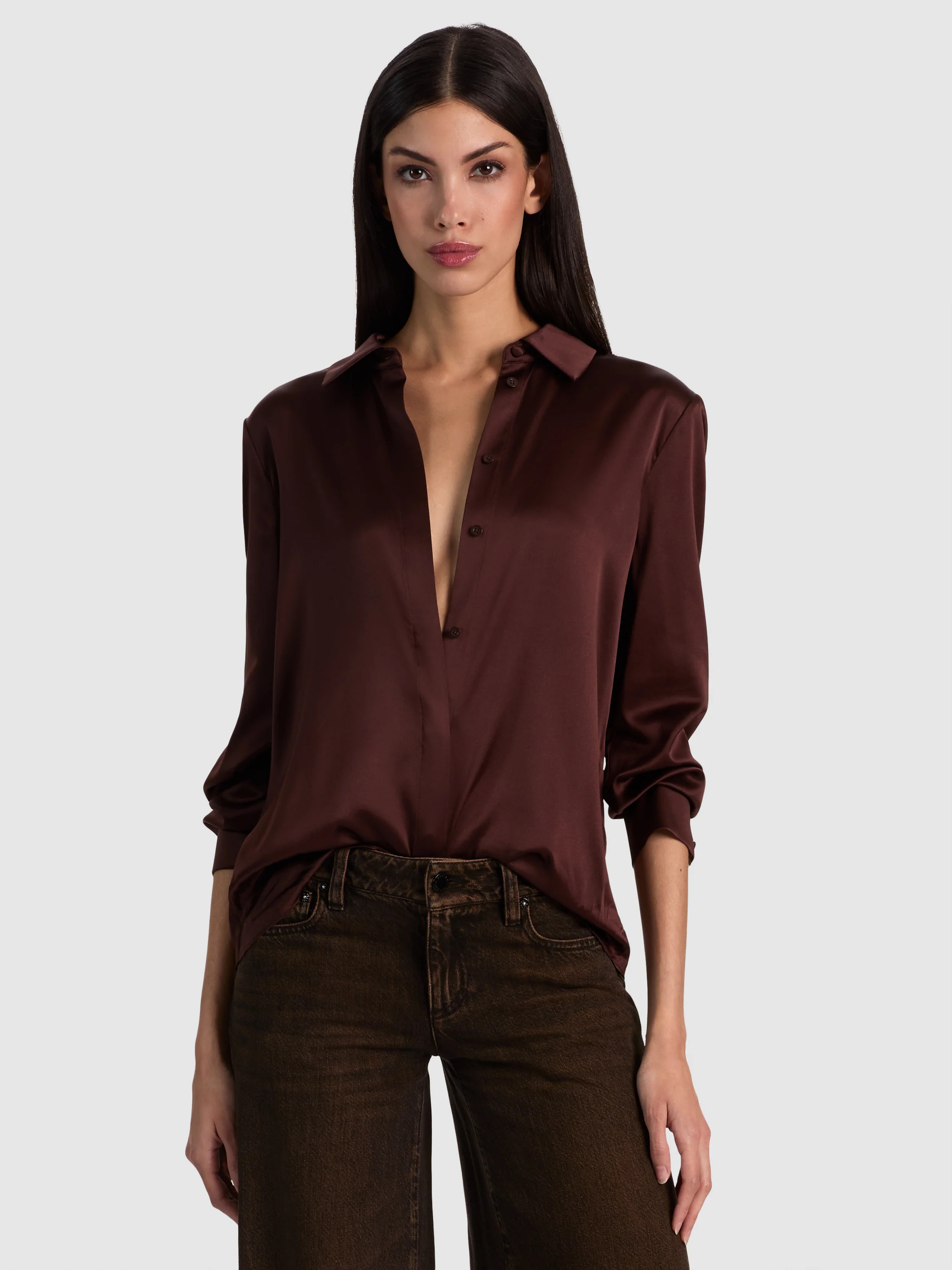 WILLA SILK BLOUSE - DARK CHOCOLATE | Alice + Olivia