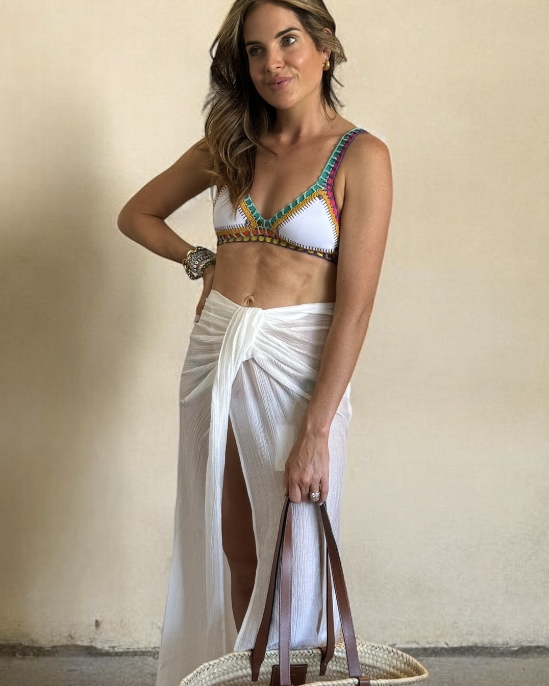 White crochet bikini | White sheer maxi skirt | Celine basket bag | Rainbow crochet bikini | Gathered beach skirt | Sheer white beach skirt | Beachwear | Summer style | Beach cover up #LTKsummer

#LTKeurope #LTKuk